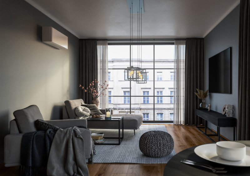 a living room with a large window