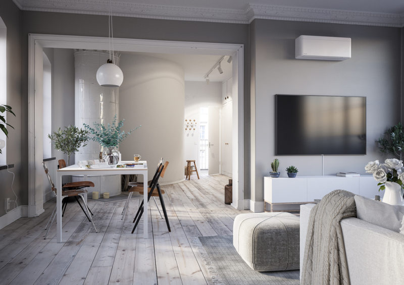 a living room with a tv and a table