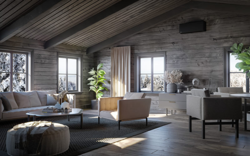 a room with a wood wall and a wood ceiling